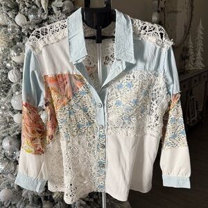 POL Patchwork Lace Button-Up Shirt NEW